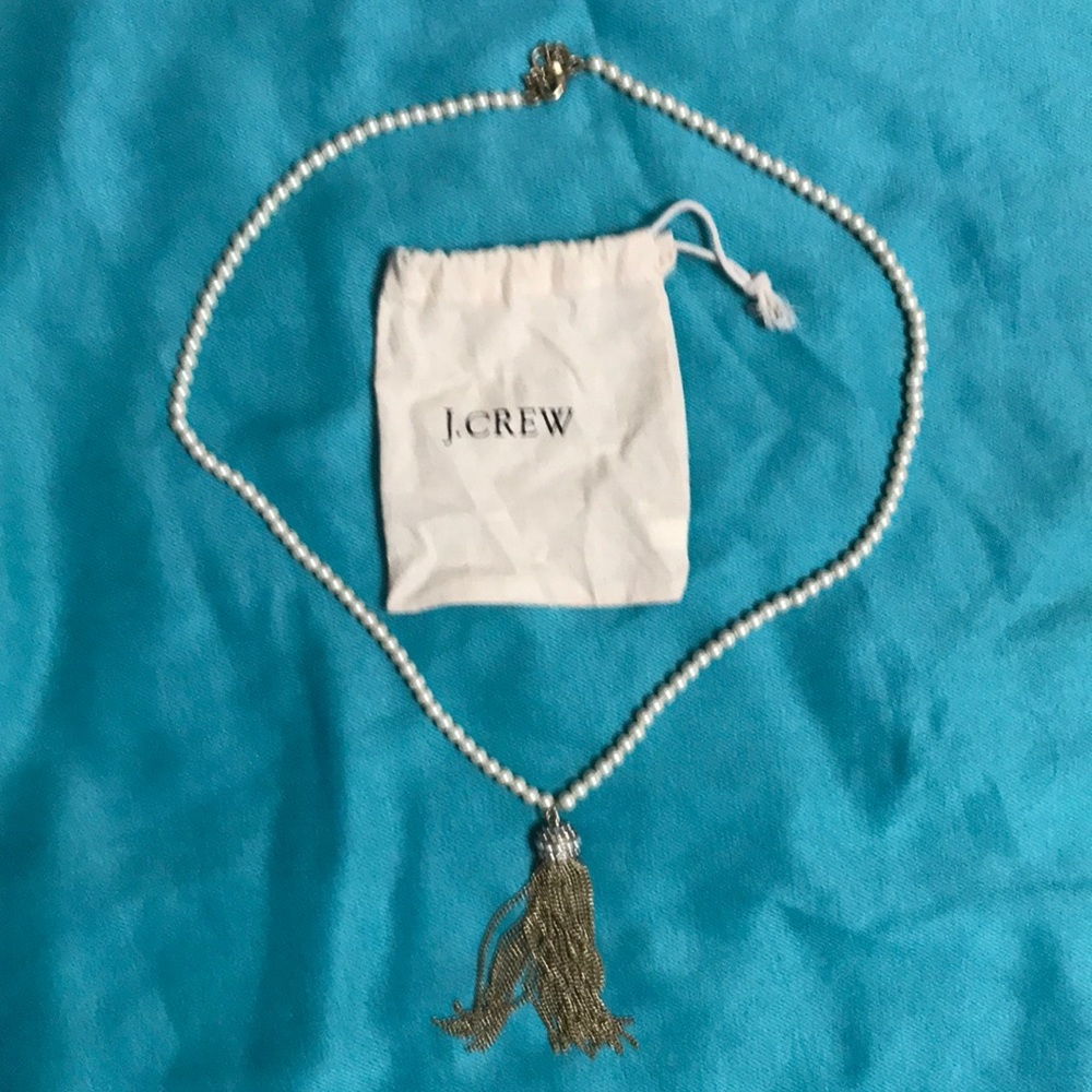 J Crew Pearl necklace with gold tone tassel.